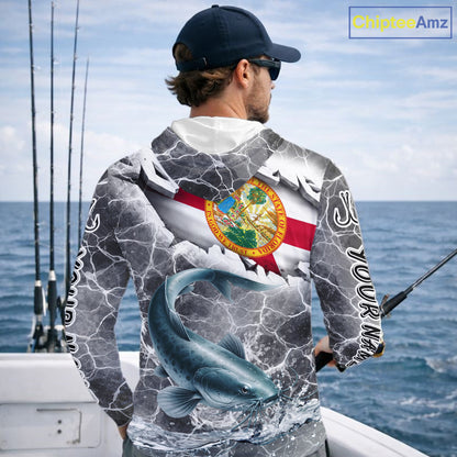 Florida Catfish Camo Gray Custom Long Sleeve Hooded Performance Fishing Shirts, Florida Flag Fishing Jerseys NHT659