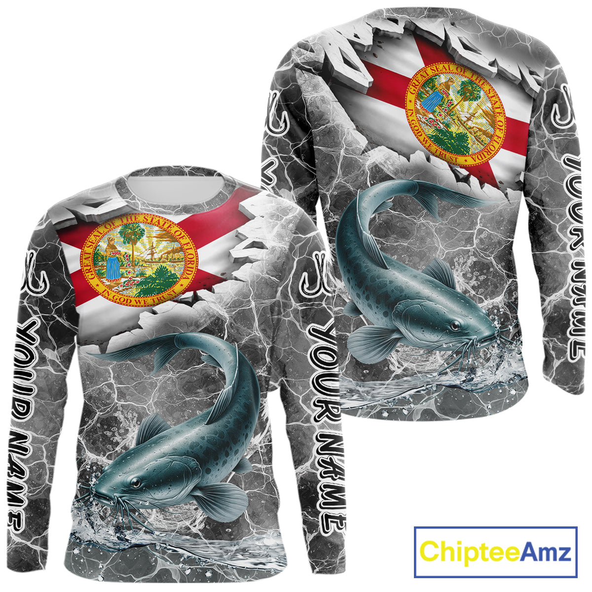 Florida Catfish Camo Gray Custom Long Sleeve Performance Fishing Shirts, Florida Flag Fishing Jerseys NHT659