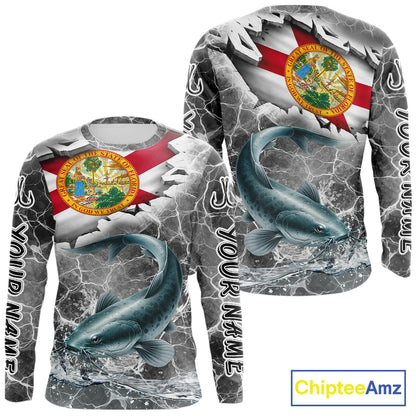 Florida Catfish Camo Gray Custom Long Sleeve Performance Fishing Shirts, Florida Flag Fishing Jerseys NHT659