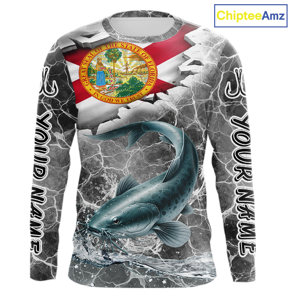 Florida Catfish Camo Gray Custom Long Sleeve Performance Fishing Shirts, Florida Flag Fishing Jerseys NHT659
