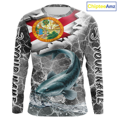 Florida Catfish Camo Gray Custom Long Sleeve Performance Fishing Shirts, Florida Flag Fishing Jerseys NHT659