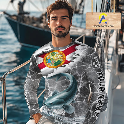 Florida Catfish Camo Gray Custom Long Sleeve Performance Fishing Shirts, Florida Flag Fishing Jerseys NHT659
