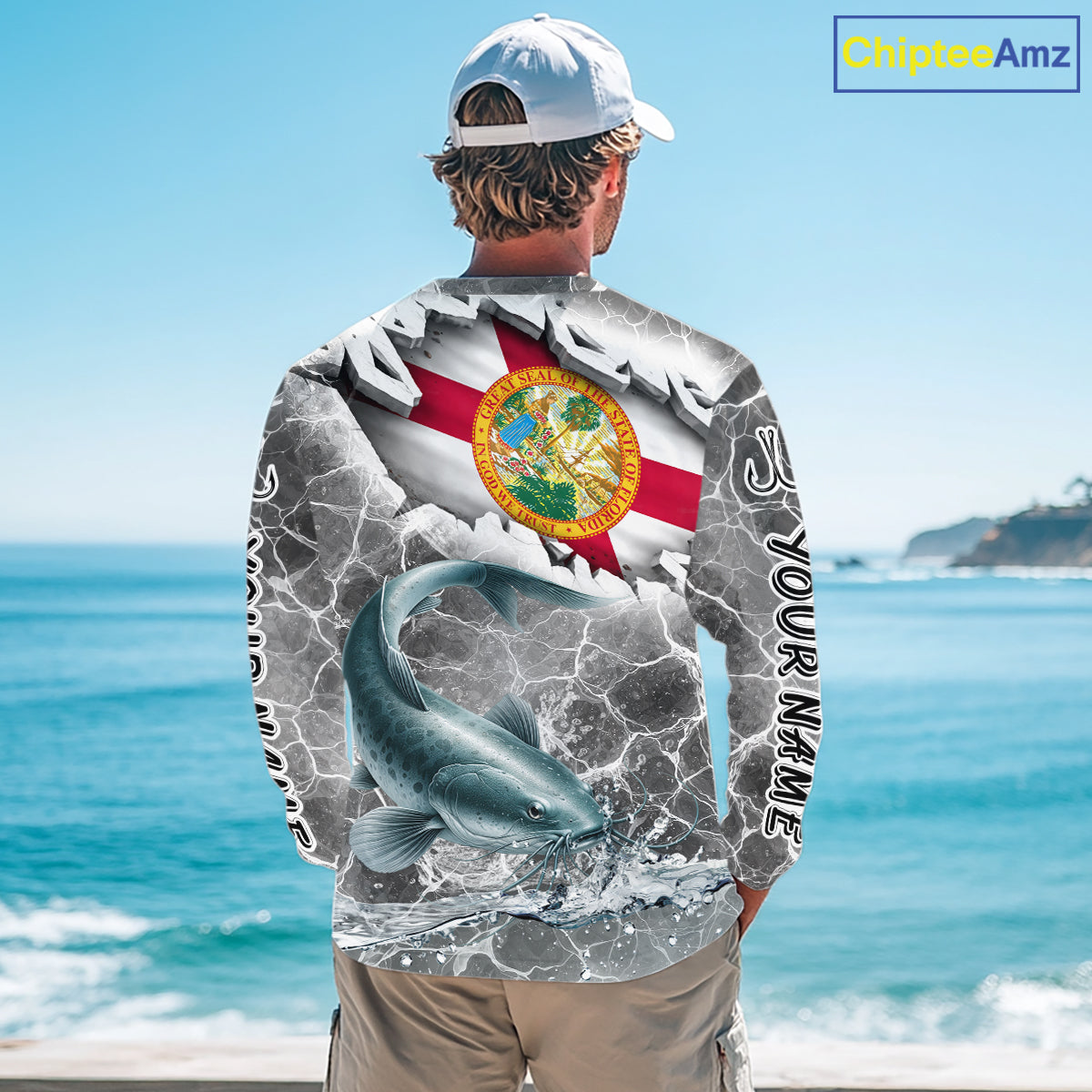 Florida Catfish Camo Gray Custom Long Sleeve Performance Fishing Shirts, Florida Flag Fishing Jerseys NHT659