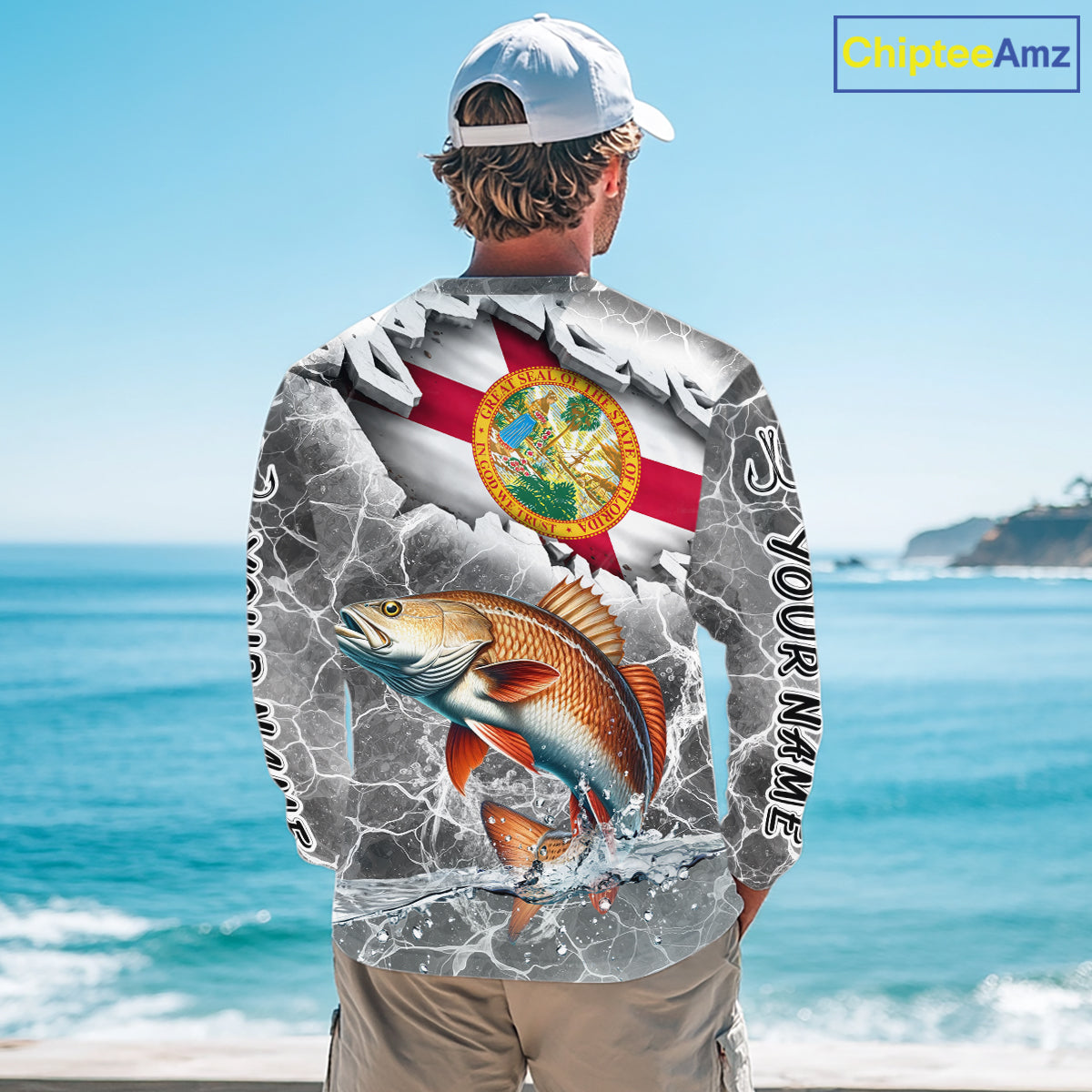 Florida Redfish Camo Gray Custom Long Sleeve Performance Fishing Shirts, Florida Flag Fishing Jerseys NHT660