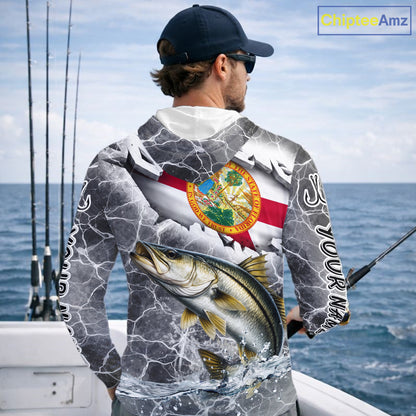 Florida Snook Camo Gray Custom Long Sleeve Hooded Performance Fishing Shirts, Florida Flag Fishing Jerseys NHT661
