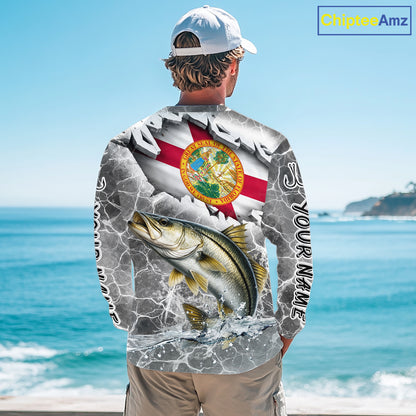 Florida Snook Camo Gray Custom Long Sleeve Performance Fishing Shirts, Florida Flag Fishing Jerseys NHT661