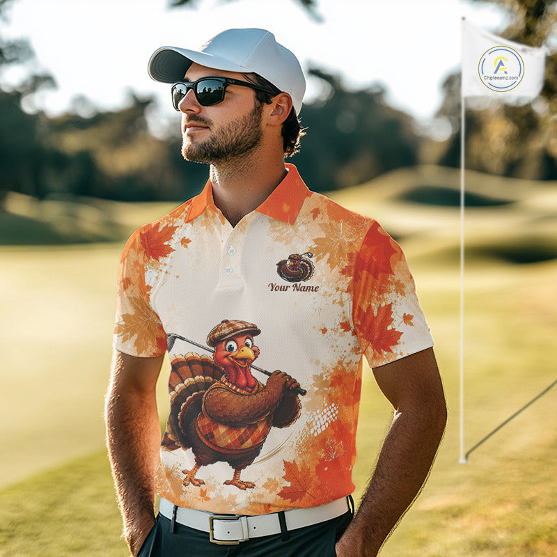 Thanksgiving Turkey Men Golf Polo Shirt Custom Name, Personalized Autumn Golf Team Polo NHT1337