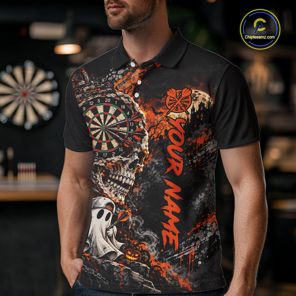 Skull Ghost Pumpkin Dartboard Polo 1/4-Zip Shirt For Men Custom Spooky Darts Team Tournament Jersey NHT1650