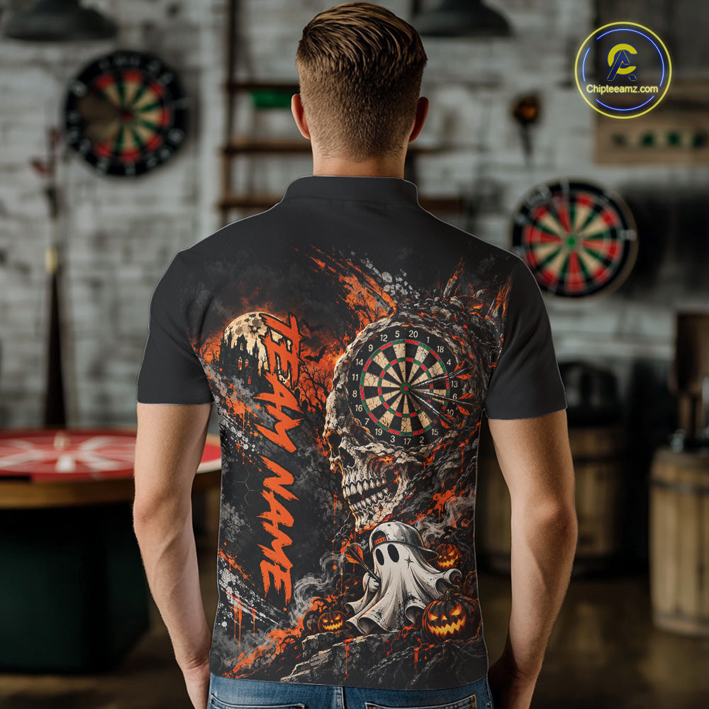 Skull Ghost Pumpkin Dartboard Polo 1/4-Zip Shirt For Men Custom Spooky Darts Team Tournament Jersey NHT1650