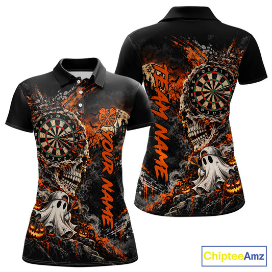 Skull Ghost Pumpkin Dartboard Polo 1/4-Zip Shirt For Women Custom Spooky Darts Team Tournament Jersey NHT1650