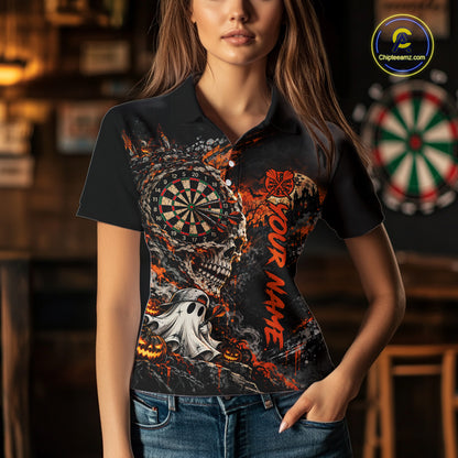 Skull Ghost Pumpkin Dartboard Polo 1/4-Zip Shirt For Women Custom Spooky Darts Team Tournament Jersey NHT1650