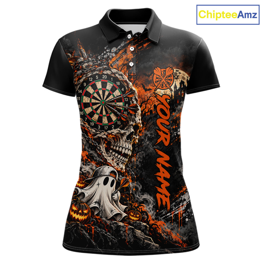 Skull Ghost Pumpkin Dartboard Polo 1/4-Zip Shirt For Women Custom Spooky Darts Team Tournament Jersey NHT1650