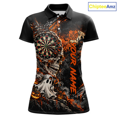 Skull Ghost Pumpkin Dartboard Polo 1/4-Zip Shirt For Women Custom Spooky Darts Team Tournament Jersey NHT1650