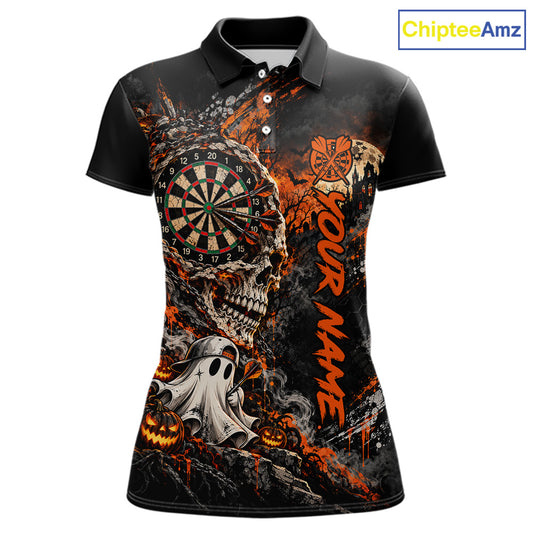 Skull Ghost Pumpkin Dartboard Polo 1/4-Zip Shirt For Women Custom Spooky Darts Team Tournament Jersey NHT1650