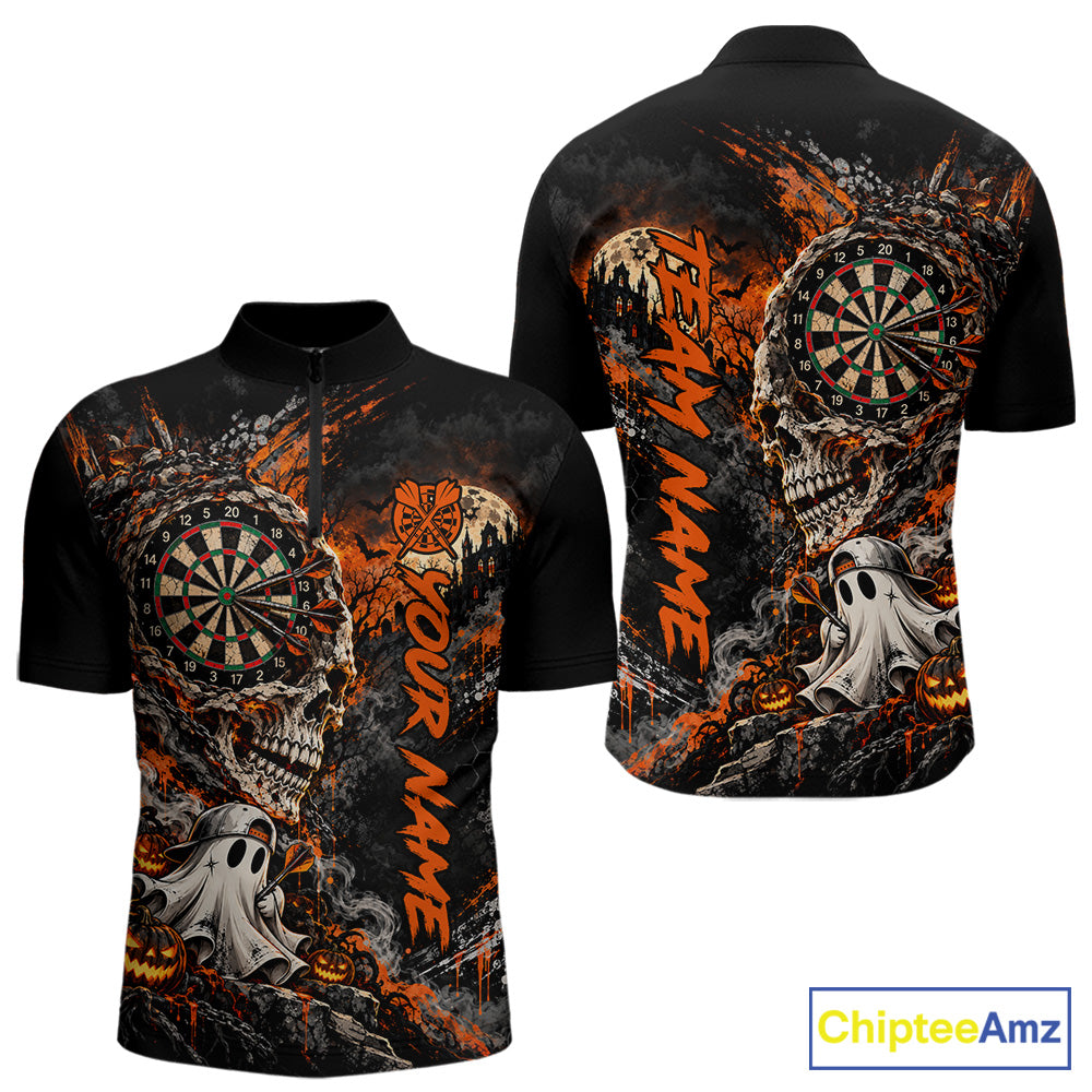Skull Ghost Pumpkin Dartboard Polo 1/4-Zip Shirt For Men Custom Spooky Darts Team Tournament Jersey NHT1650