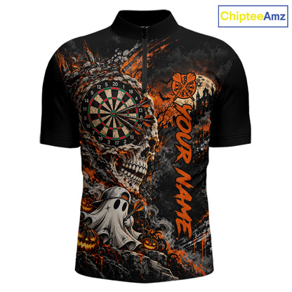 Skull Ghost Pumpkin Dartboard Polo 1/4-Zip Shirt For Men Custom Spooky Darts Team Tournament Jersey NHT1650