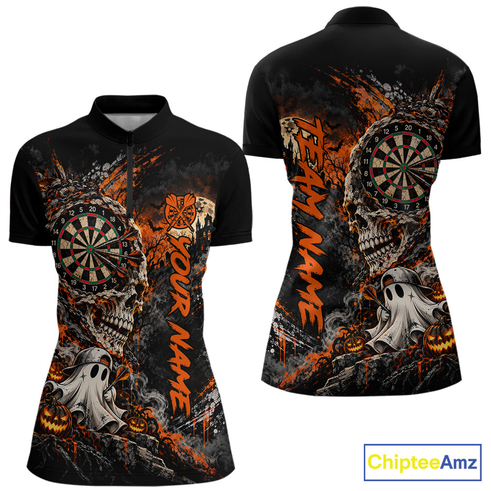 Skull Ghost Pumpkin Dartboard Polo 1/4-Zip Shirt For Women Custom Spooky Darts Team Tournament Jersey NHT1650