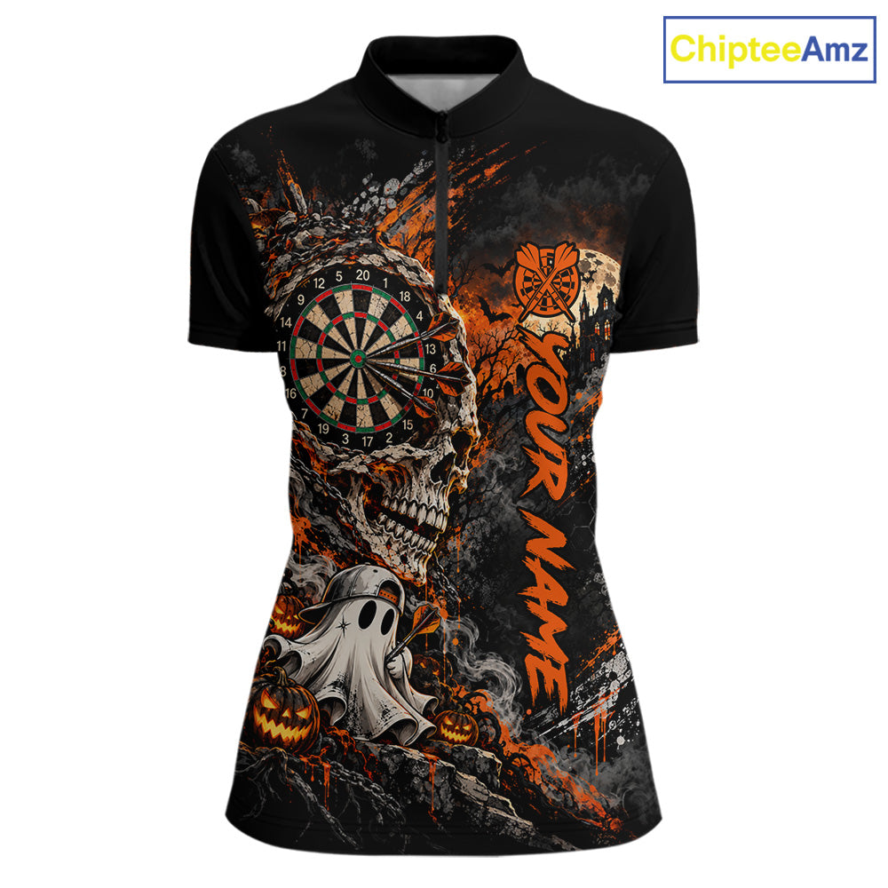 Skull Ghost Pumpkin Dartboard Polo 1/4-Zip Shirt For Women Custom Spooky Darts Team Tournament Jersey NHT1650