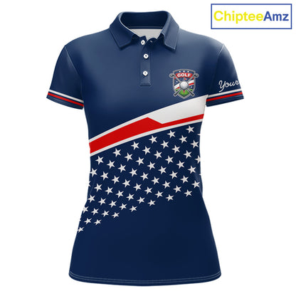 Blue Navy American Flag Womens Golf Polo Shirts Custom Patriotic Team Golf Shirts For Womens Golf Gifts NHT693
