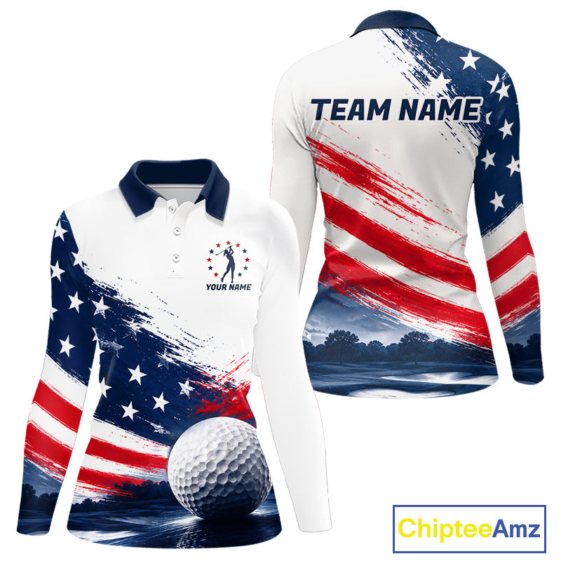 Women's Patriotic Golf Polo Shirt – USA Flag Golf Apparel, Red White Blue Performance Polo 