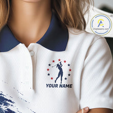 Load image into Gallery viewer, Women's Patriotic Golf Polo Shirt – USA Flag Golf Apparel, Red White Blue Performance Polo 