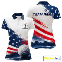 Load image into Gallery viewer, Women's Patriotic Golf Polo Shirt – USA Flag Golf Apparel, Red White Blue Performance Polo 