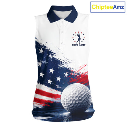 Women's Sleeveless Patriotic Golf Polo Shirt – USA Flag Golf Apparel, Red White Blue Performance Polo 