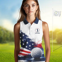 Load image into Gallery viewer, Women's Sleeveless Patriotic Golf Polo Shirt – USA Flag Golf Apparel, Red White Blue Performance Polo 
