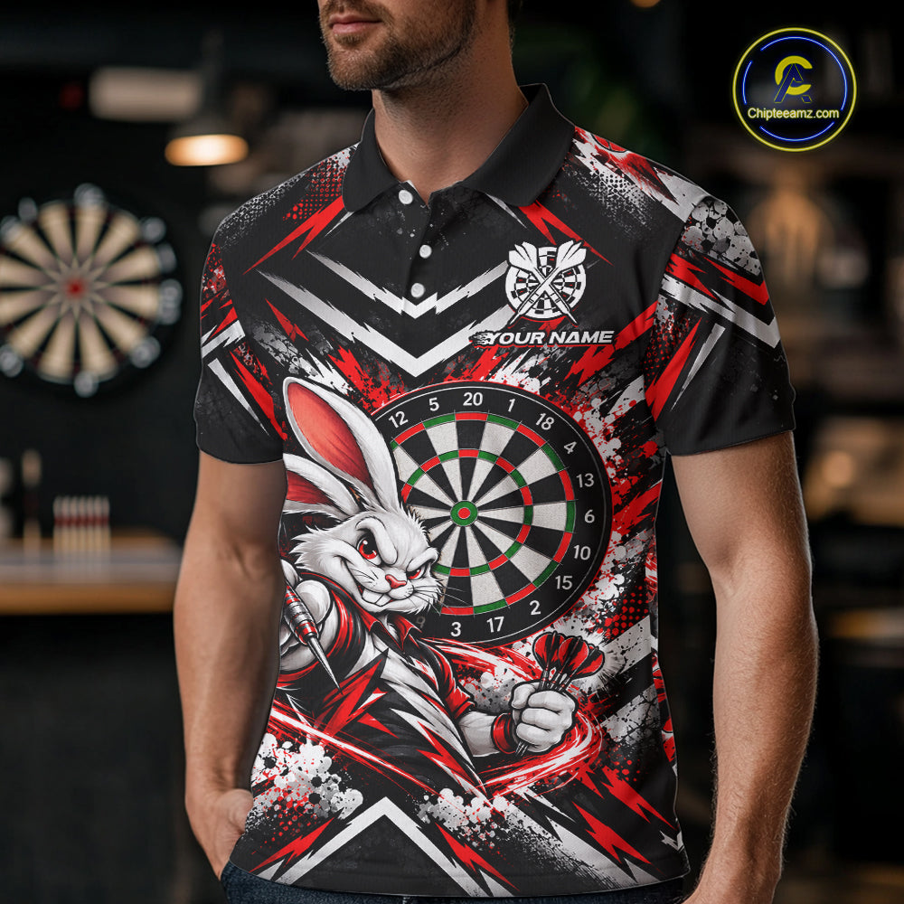 Bad Bunny Darts Player Polo Shirt For Men Custom Red Black Dart Board Team Tournament Jersey NHT1678