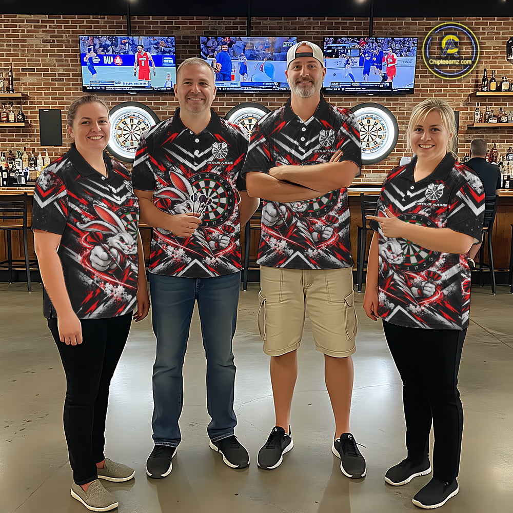 Bad Bunny Darts Player Polo Shirt For Men Custom Red Black Dart Board Team Tournament Jersey NHT1678