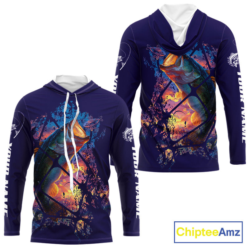 Largemouth Bass Artistic Long Sleeve Hooded Fishing Shirts Personalized Name NHT399