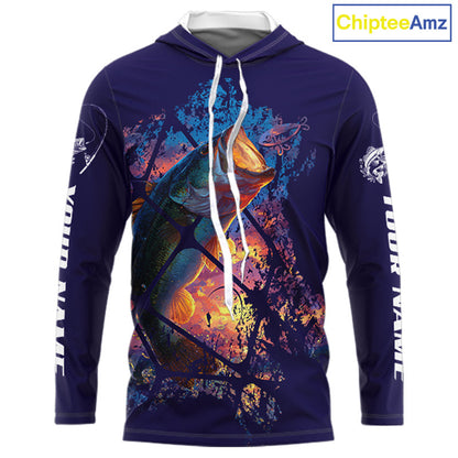 Largemouth Bass Artistic Long Sleeve Hooded Fishing Shirts Personalized Name NHT399
