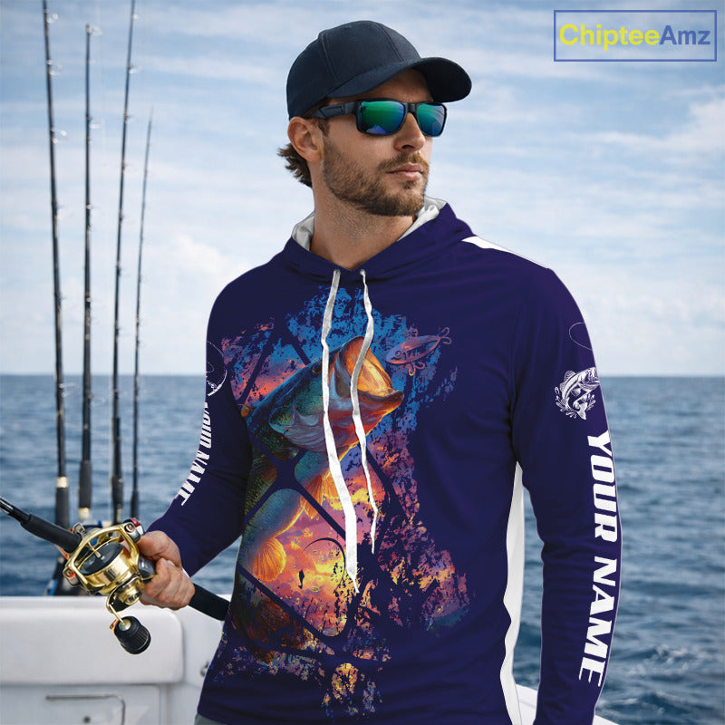 Largemouth Bass Artistic Long Sleeve Hooded Fishing Shirts Personalized Name NHT399