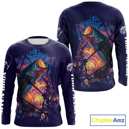 Largemouth Bass Artistic Long Sleeve Fishing Shirts Personalized Name NHT399