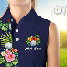 Load image into Gallery viewer, Womens Sleeveless Golf Polo Shirt Green Tropical Flower Leaves Custom Name Golf Polo Shirts, Golfing Gift NHT720