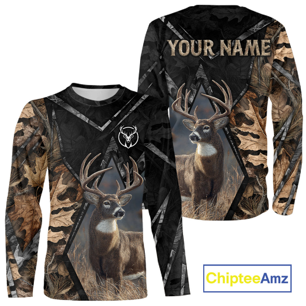 Deer Hunting 3D All Over Print Autumn Camo Black Shirt Custom Name Gifts For Hunter NHT216