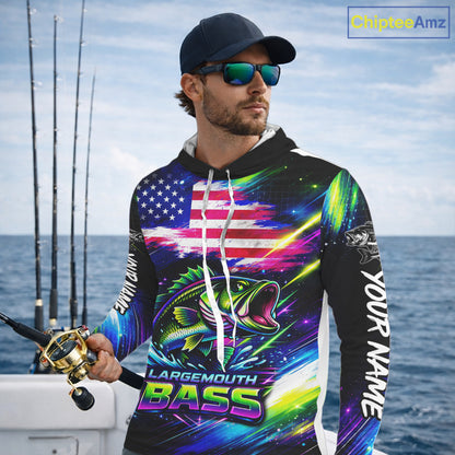 Personalized Bass Fishing Jerseys, Custom American Flag Fishing Shirts Long Sleeve Hooded For Men NHT458