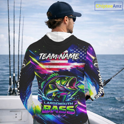 Personalized Bass Fishing Jerseys, Custom American Flag Fishing Shirts Long Sleeve Hooded For Men NHT458