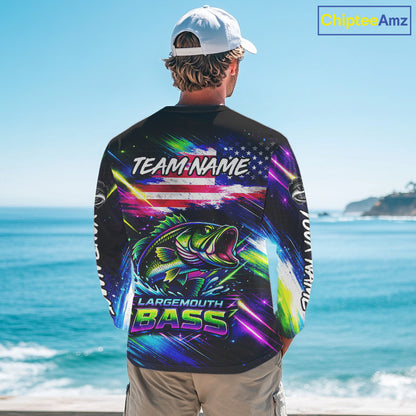 Personalized Bass Fishing Jerseys, Custom American Flag Fishing Shirts Long Sleeve For Men NHT458