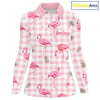 Personalized Flamingo Polo Shirt Pink Plaid Custom Name Team Shirt Womens Flamingo Golf Polo Gift NHT1216