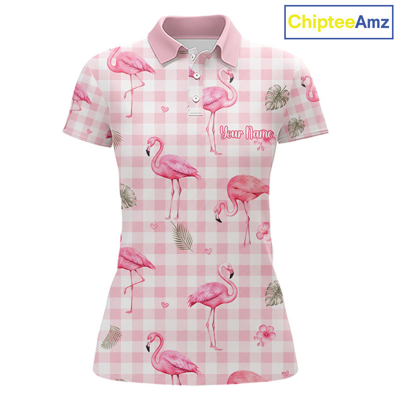 Personalized Flamingo Polo Shirt Pink Plaid Custom Name Team Shirt Womens Flamingo Golf Polo Gift NHT1216