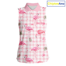 Load image into Gallery viewer, Personalized Flamingo Polo Shirt Pink Plaid Custom Name Team Shirt Womens Sleeveless Flamingo Golf Polo Gift NHT1216