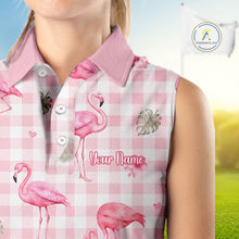 Load image into Gallery viewer, Personalized Flamingo Polo Shirt Pink Plaid Custom Name Team Shirt Womens Sleeveless Flamingo Golf Polo Gift NHT1216