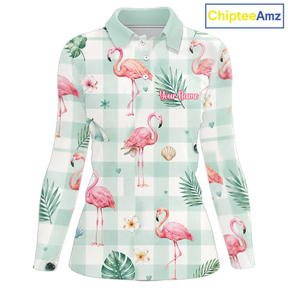 Personalized Flamingo Golf Polo Shirt, Mint Plaid Custom Name Team Shirt, Womens Golf Polo Gift NHT1217