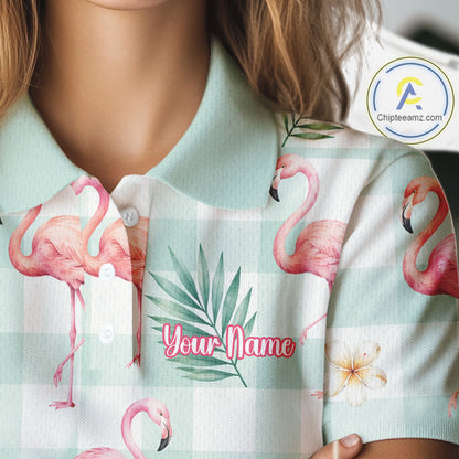 Personalized Flamingo Golf Polo Shirt, Mint Plaid Custom Name Team Shirt, Womens Golf Polo Gift NHT1217