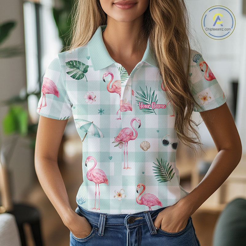 Personalized Flamingo Golf Polo Shirt, Mint Plaid Custom Name Team Shirt, Womens Golf Polo Gift NHT1217
