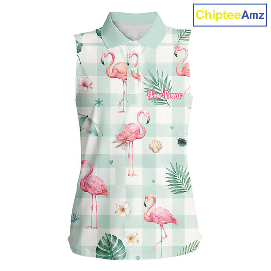 A sleeveless collared polo shirt with a pink flamingo and tropical leaf print over a mint green and white gingham pattern. The shirt features a mock button placket and a customizable text placeholder on the chest.