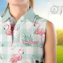 Load image into Gallery viewer, Personalized Flamingo Golf Polo Shirt, Mint Plaid Custom Name Team Shirt, Womens Sleeveless Golf Polo Gift NHT1217