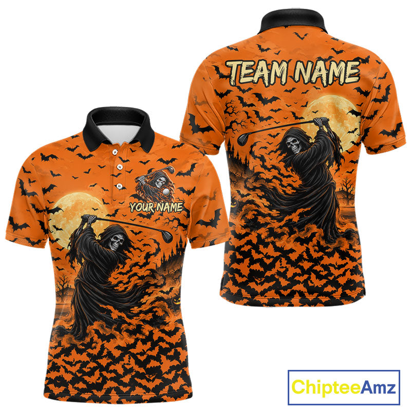 Grim Reaper Golf Halloween Orange Men Polo Shirt Custom Bats Full Moon Sports Club Jersey NHT1692