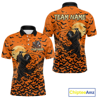 Grim Reaper Golf Halloween Orange Men Polo Shirt Custom Bats Full Moon Sports Club Jersey NHT1692